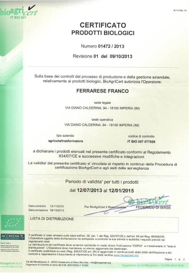 Certificato biologico BioAgriCert olio extravergine d'oliva