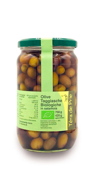 vaso di olive taggiasche biologiche in salamoia